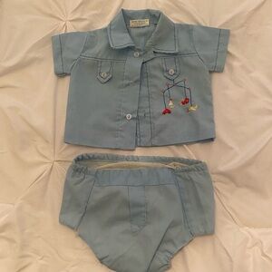 Vintage 1970s Newborn Cotton Candy Light Blue Outfit/Diaper Cover Set